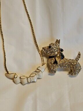 Bundle Of Vtg Monet Gold Tone Bow Necklace And Scotty Dog Brooch